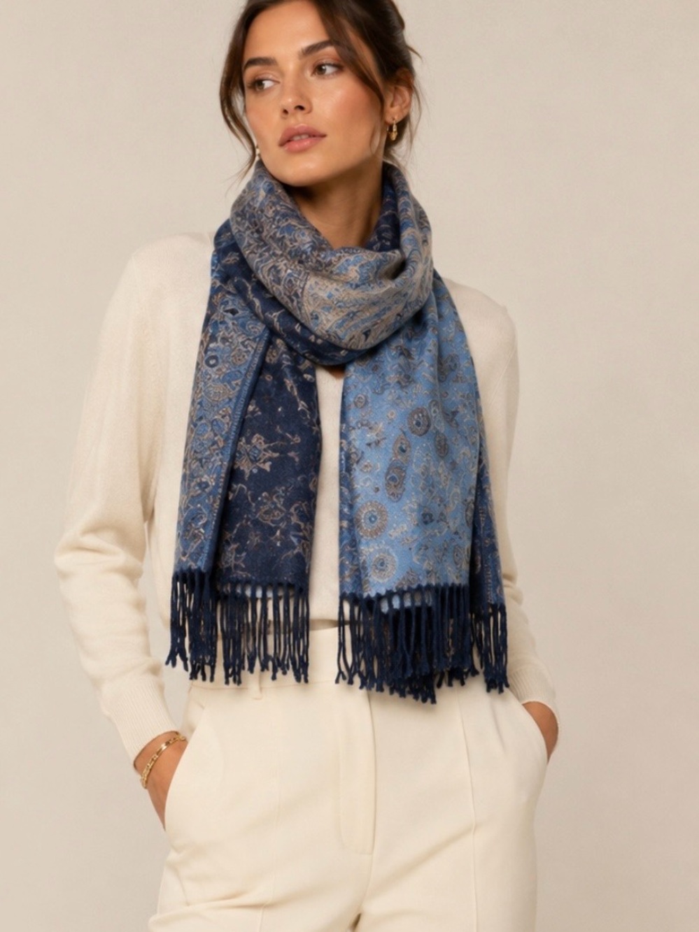 Soft Reversible Blue Paisley Pashmina Shawl/Scarf